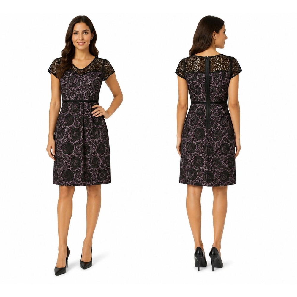 Nue By Shani Dress Black Purple Floral Lace Cocktail Party Sheath Dress Size 2